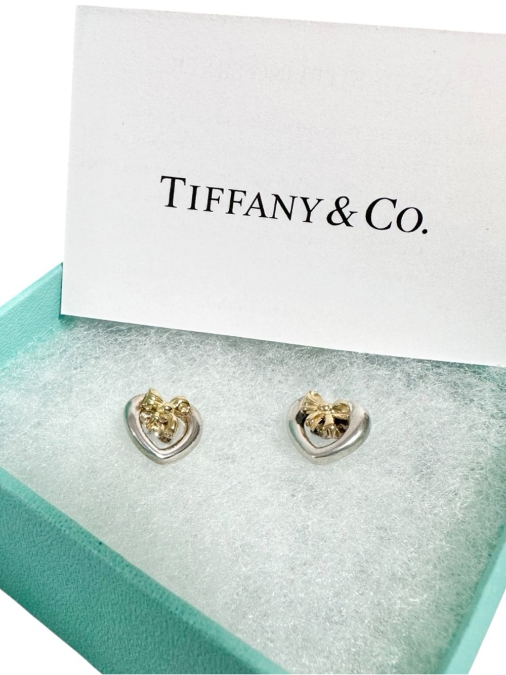 Tiffany & Co. Engraved 925 Silver Heart & 18K Gold Bow Stud Earrings Set w.Box - Picture 12 of 13
